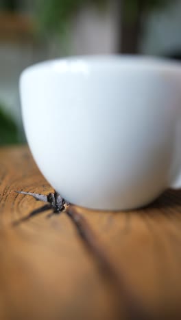 taza de café blanca en una mesa de madera