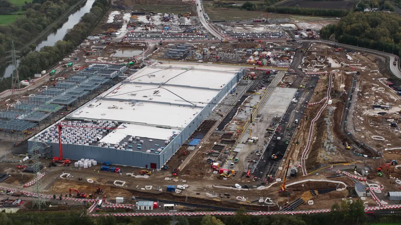 New constructed data center in Farciennes, investment of 1 billion euros, AI and artificial intelligience infrastructure. Aerial video