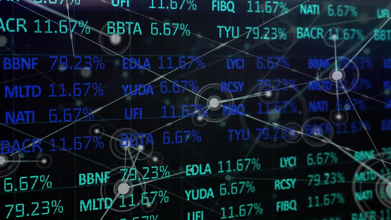 Animation of network of connections financial data on stock market screen