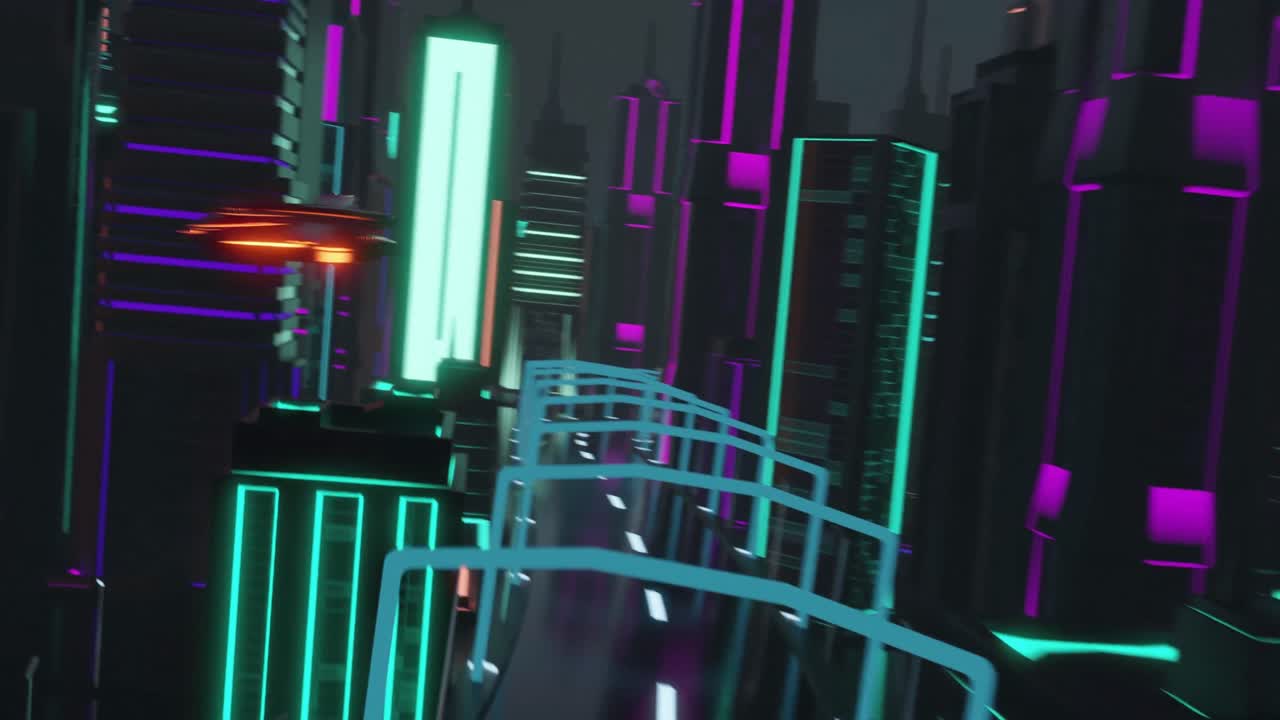 야간에 네온 조명 도시에서 자동차 운전의 애니메이션 배경