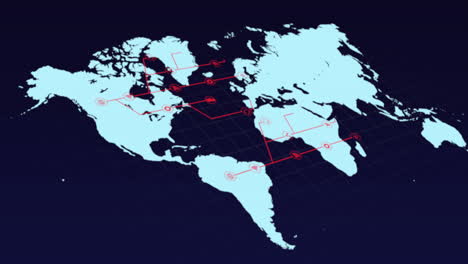 blue world map with growing red network of connected icons on black background