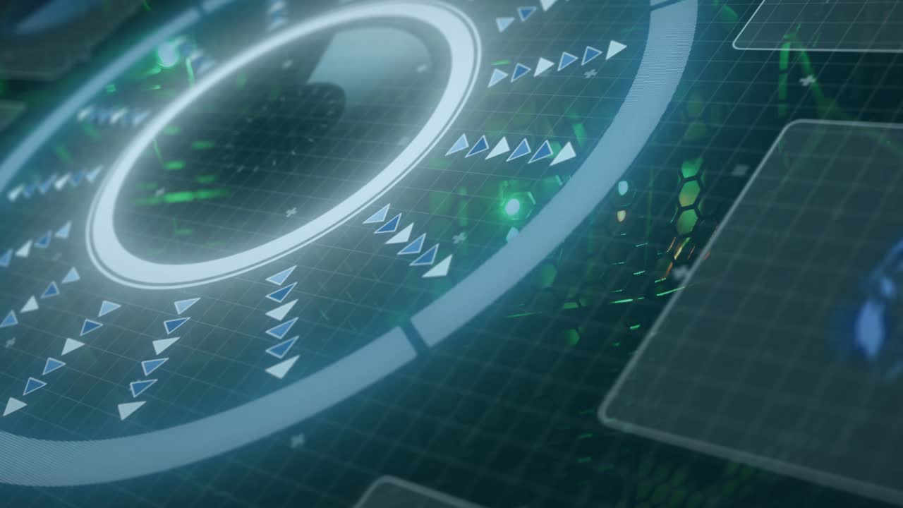 Circular HUD rotating and pulsing on ping, markers moving out showing scan status on right panels