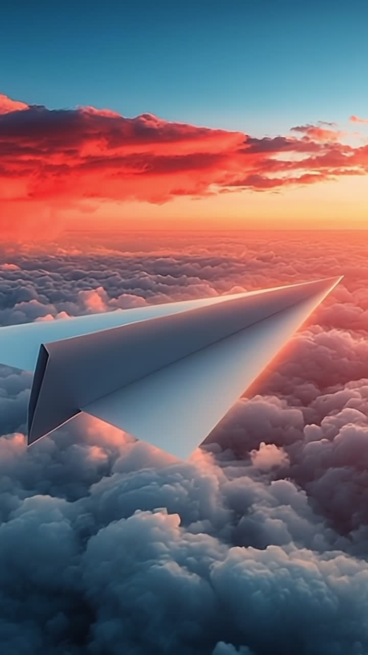 Plane glides through sunset clouds. A paper airplane flies gracefully above colorful clouds during a vibrant sunset, showcasing a stunning sky.
