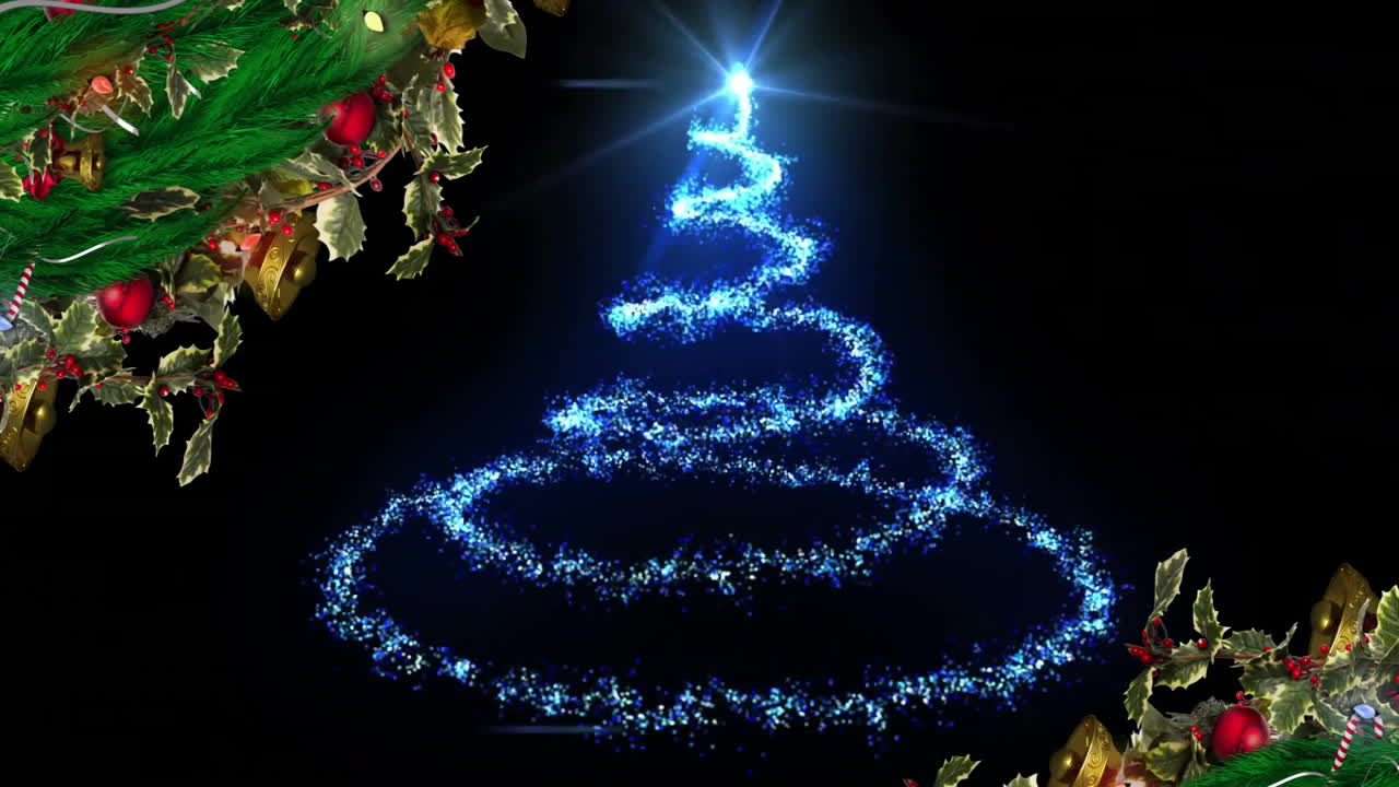 Animation of christmas wreaths and tree on black background