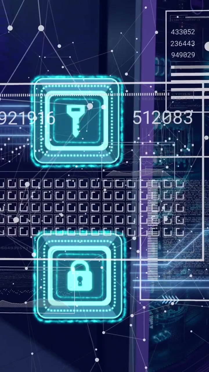 Animation of key and padlock, changing numbers over connected dots against server room