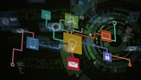 animación del procesamiento de datos sobre iconos de medios