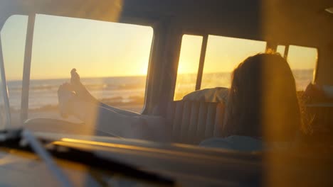 woman relaxing in the van 4k