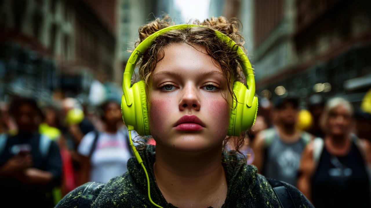 A Young Person with Vibrant Green Headphones Stands Out in a Crowd, Engaged in Deep Thought Amidst the Energy of an Urban Gathering Filled with Excitement and Activity