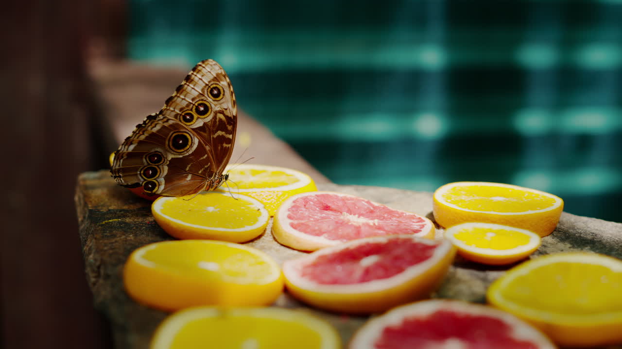 The Menelaus blue morpho butterfly fluttering its wings while eating nectar from oranges