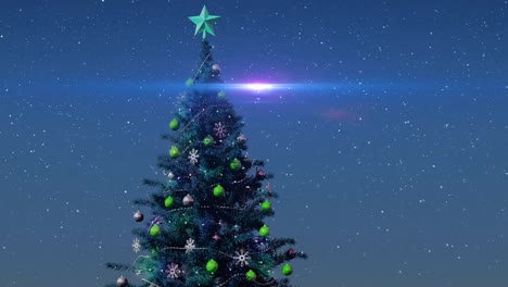 Animation-of-snow-falling-over-christmas-tree-on-blue-background