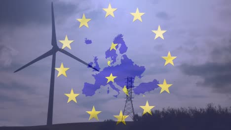 animation of rotating stars of european union flag and map over rotating wind turbine and cloudy sky