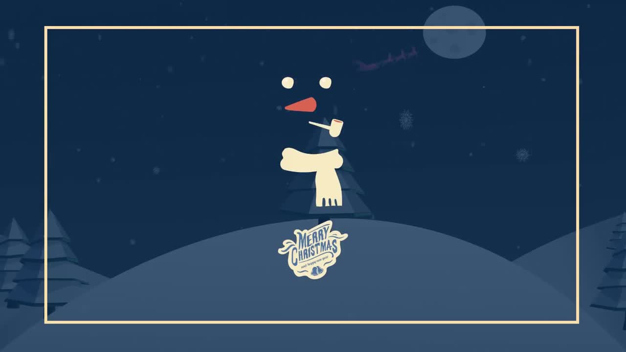 메리 크리스마스 텍스트와 스노우맨 오버 나이트 풍경의 애니메이션