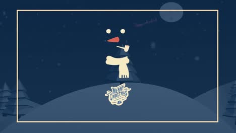 animación de texto de feliz navidad y muñeco de nieve sobre el paisaje nocturno