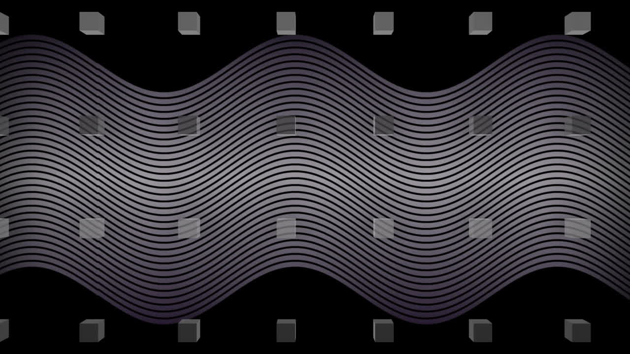 анимация тонких волнистых кинетических белых линий и рядов блоков, движущихся по черному