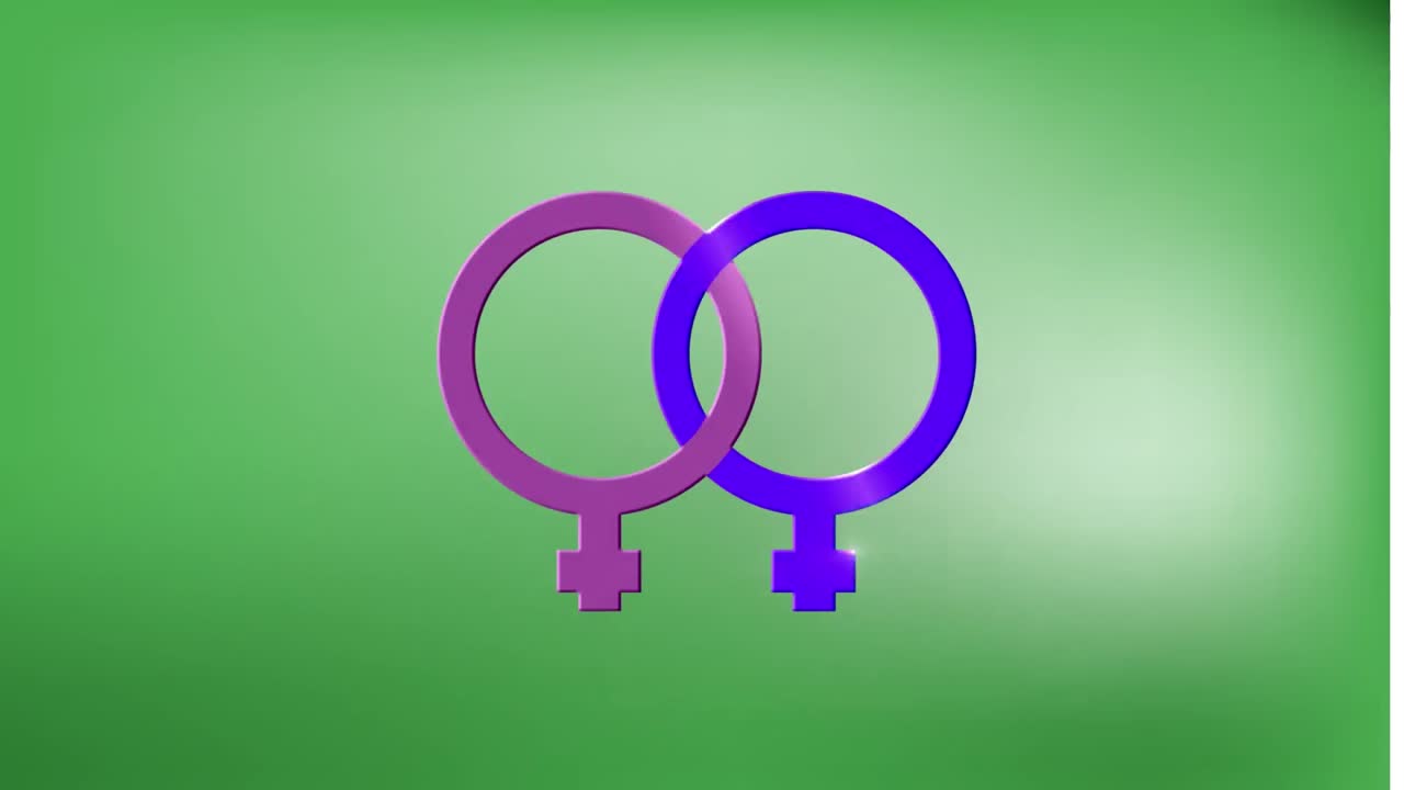 Animazione di simboli di genere femminile viola e blu su sfondo verde, con spazio per il testo