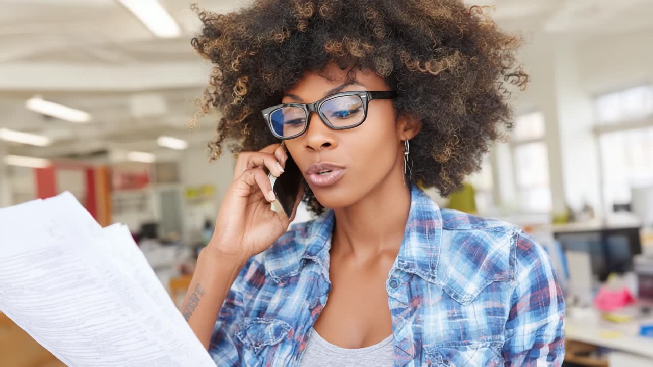 A Confident Professional Engaged in a Phone Conversation while Reviewing Documents in a Bright Office Setting, Radiating Focus and Determination