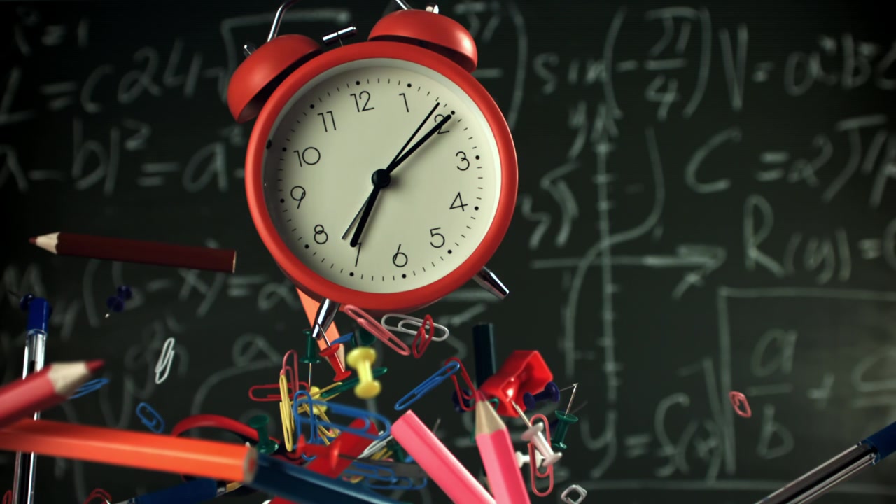 Floating School Supplies and Red Alarm Clock Against Math Chalkboard
