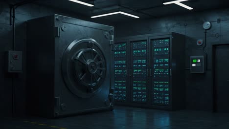 a high-tech secure vault and server room highlighting advanced storage solutions in a modern digital environment