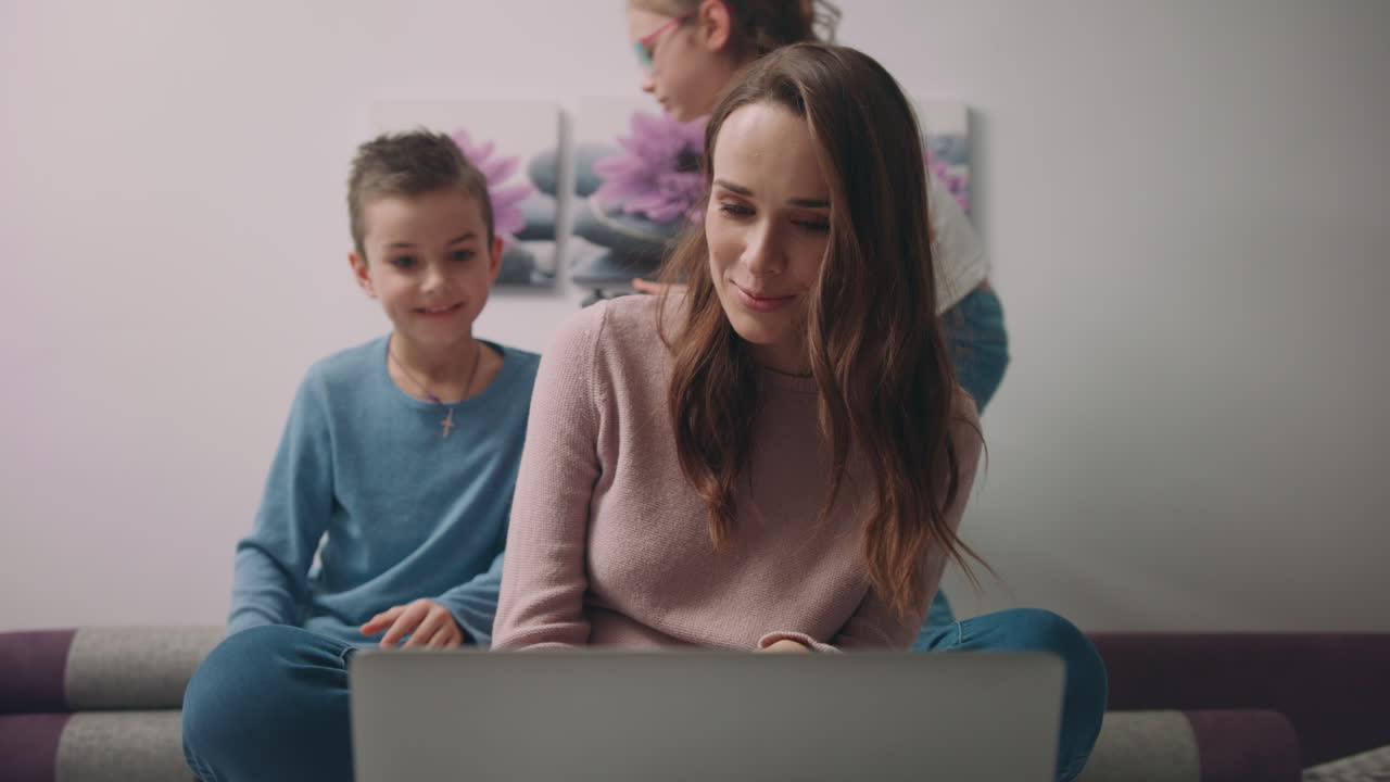 Happy family together call online to father