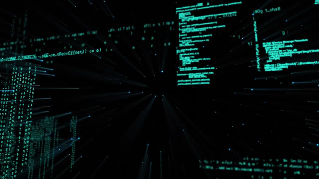 Animation of data processing in green in digital space