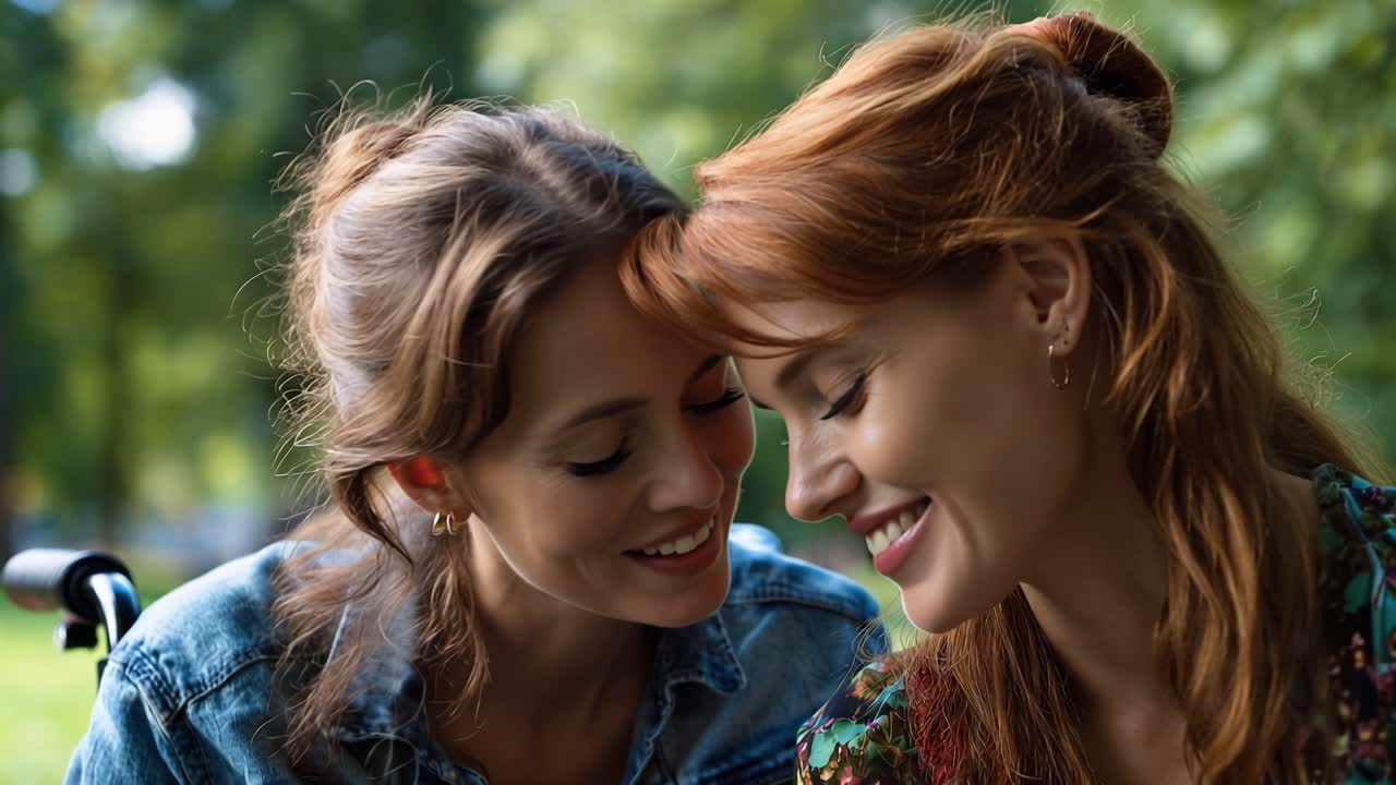 Two women share a tender moment outdoors. One leans in to softly kiss the other's cheek. Their eyes close, smiling, expressing affection. Sunlight filters through trees behind them