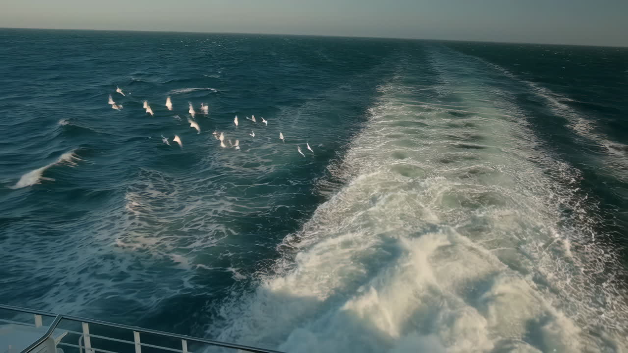 Ocean view from a boat with seagulls flying over the wake