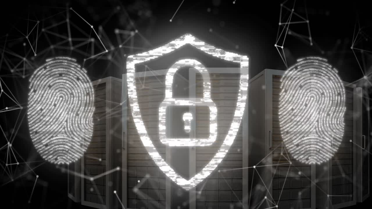 Animation of padlock in shield, fingerprints and connected dots over server system rack
