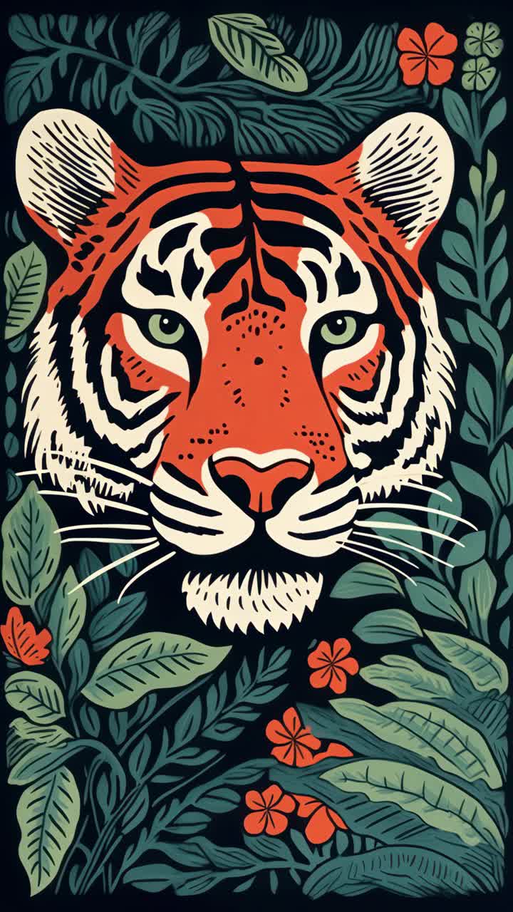 Illustrative tiger face surrounded by lush foliage and flowers, captured from a front-facing angle