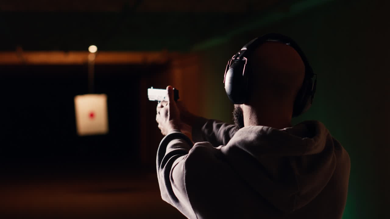 entusiasta de las armas de fuego recargando pistolas, apuntando armas