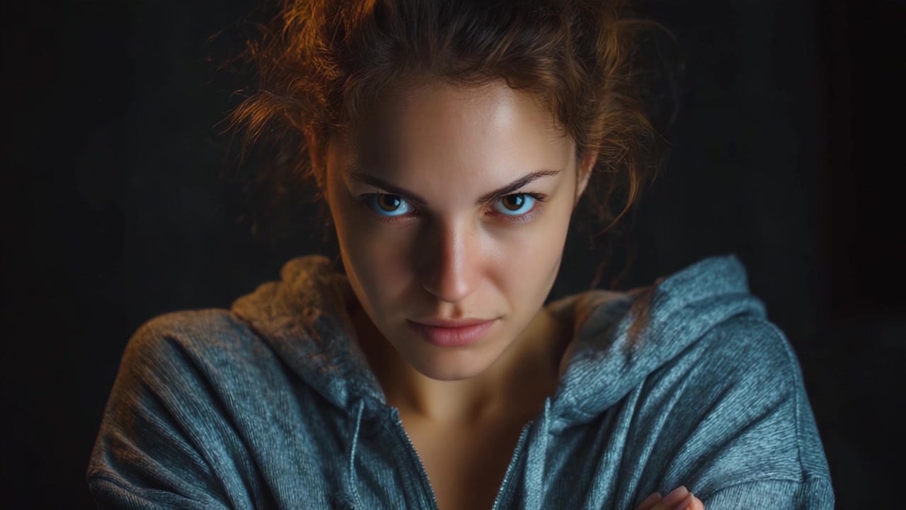 Intense Portrait of a Strong-Willed Woman in a Gray Hoodie, Showcasing Confidence, Determination, and a Powerful Gaze Against a Dark Background