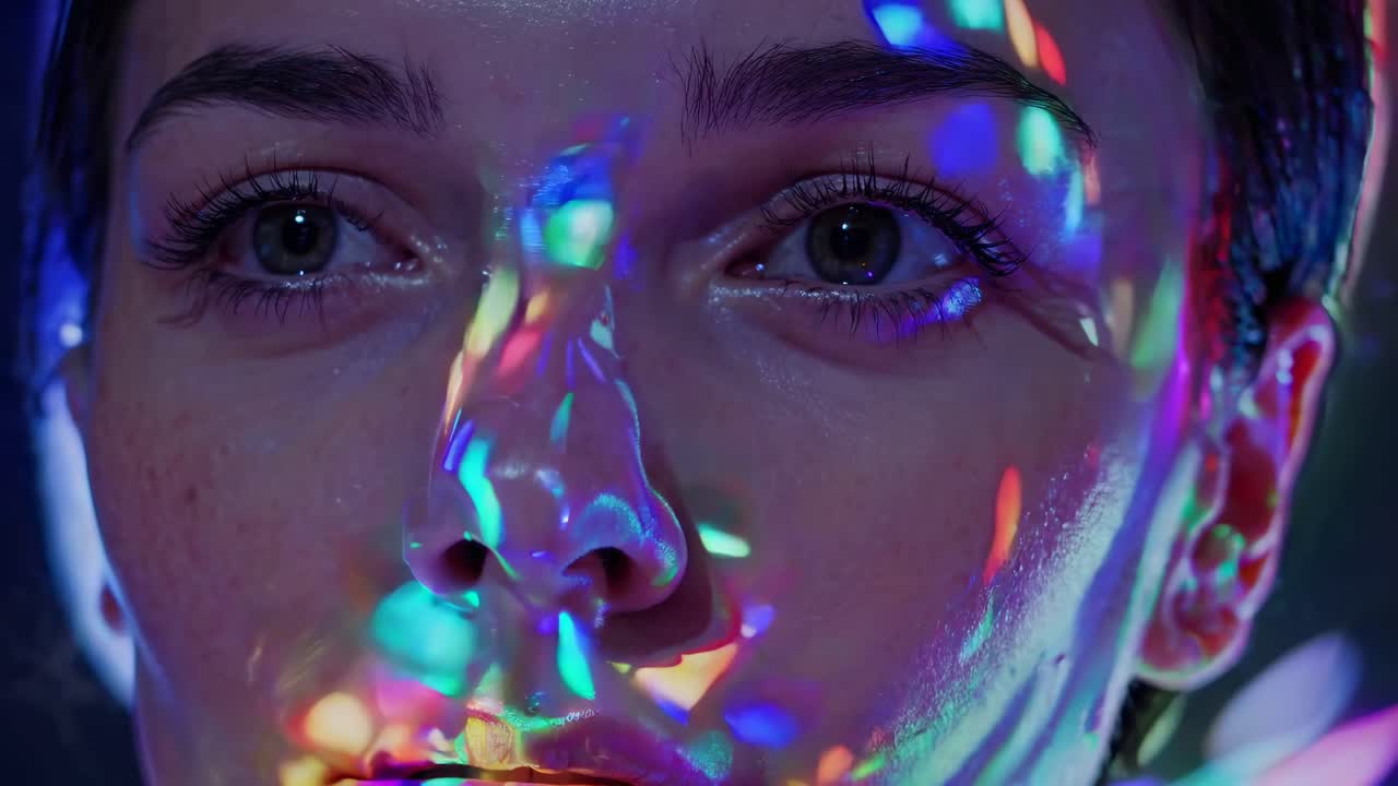 Close-up video shot of a face with colorful light projections, creating a vibrant, abstract effect