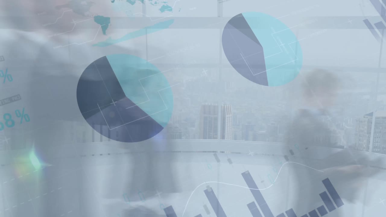 animación del procesamiento de datos financieros sobre personas de negocios caminando en la oficina