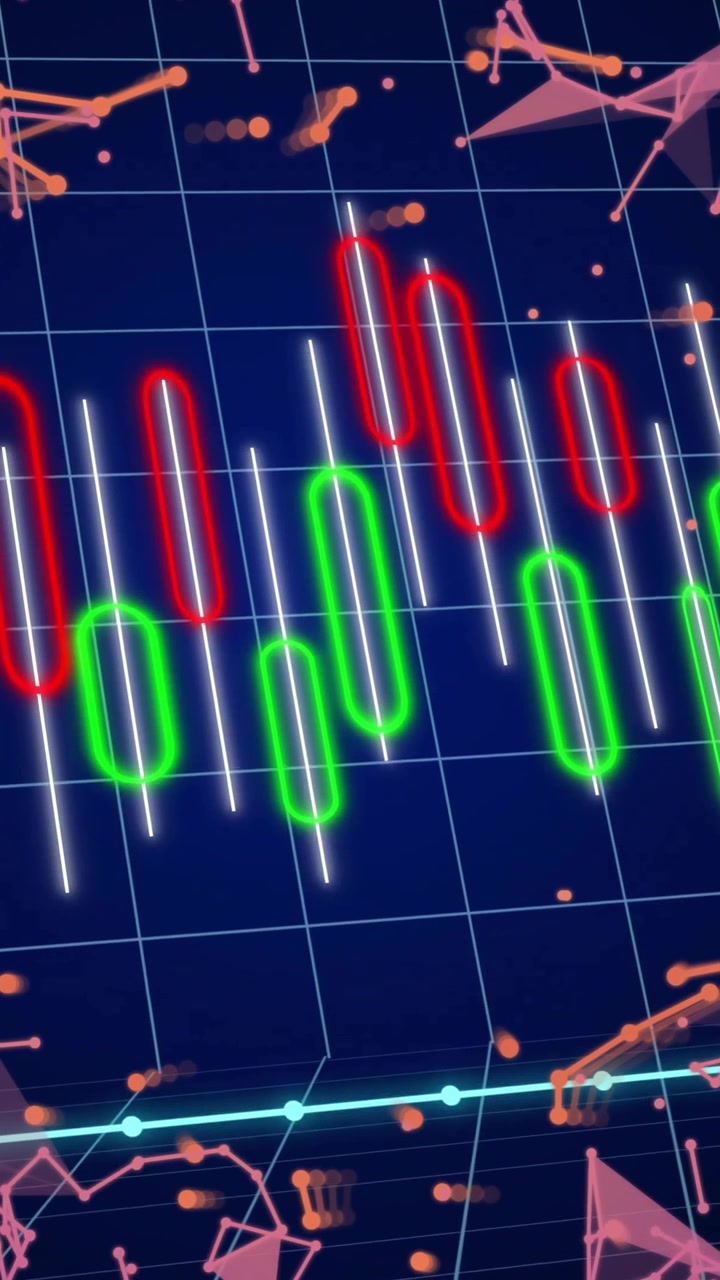 Animation of financial data processing and connections over dark background