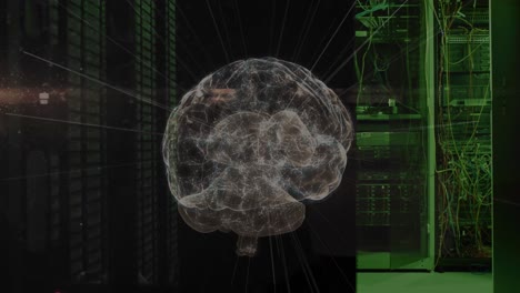 animación de conexiones y cerebro digital sobre la sala de servidores