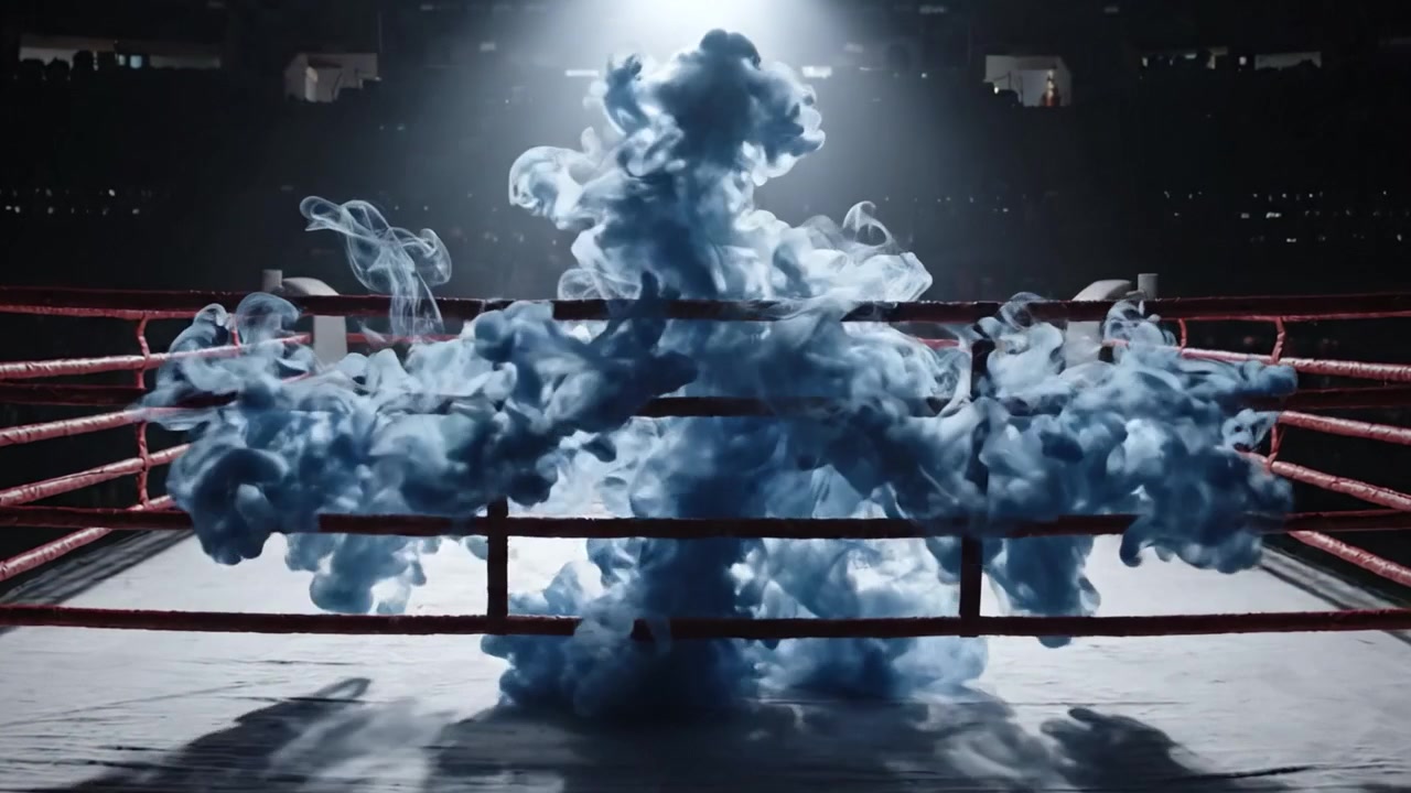 Une transformation spectaculaire : le ring de boxe baigné d'une fumée éthérée, symbolisant l'anticipation et l'énergie dans le monde des sports de combat
