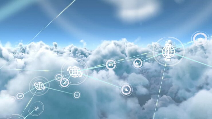 Animation of network of connections with globe icons over clouds