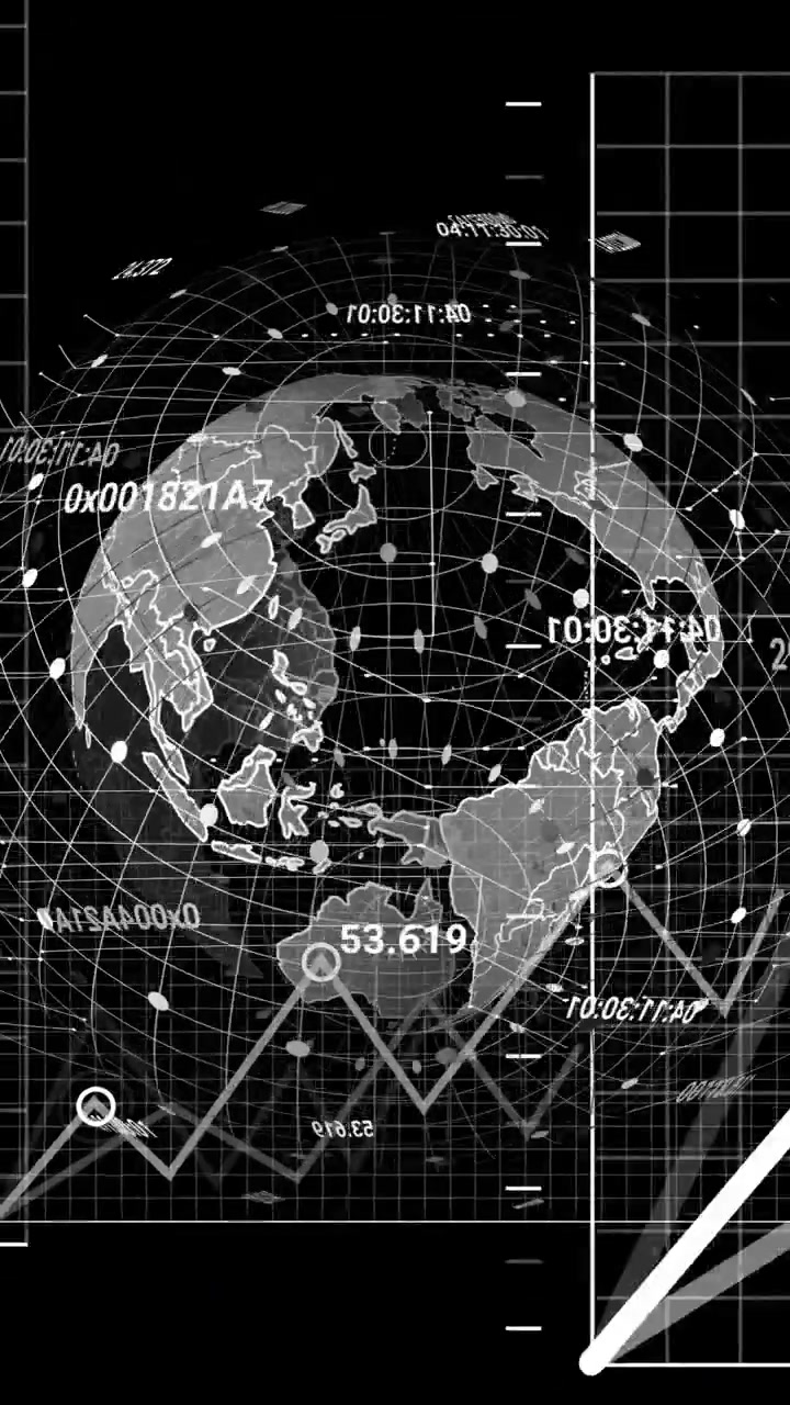 Animation of financial data processing and globe over black background