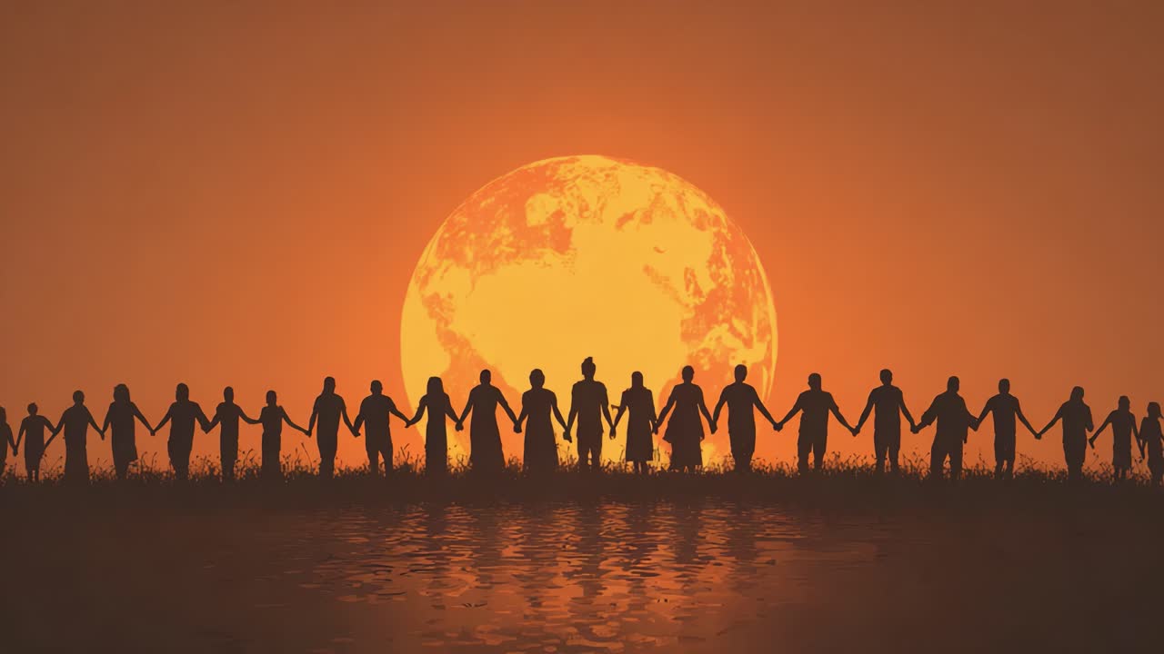 En mangfoldig gruppe mennesker som holder hender mot en fantastisk solnedgang med en stor, glødende sol som går ned over et rolig vann, og symboliserer enhet og samhold.