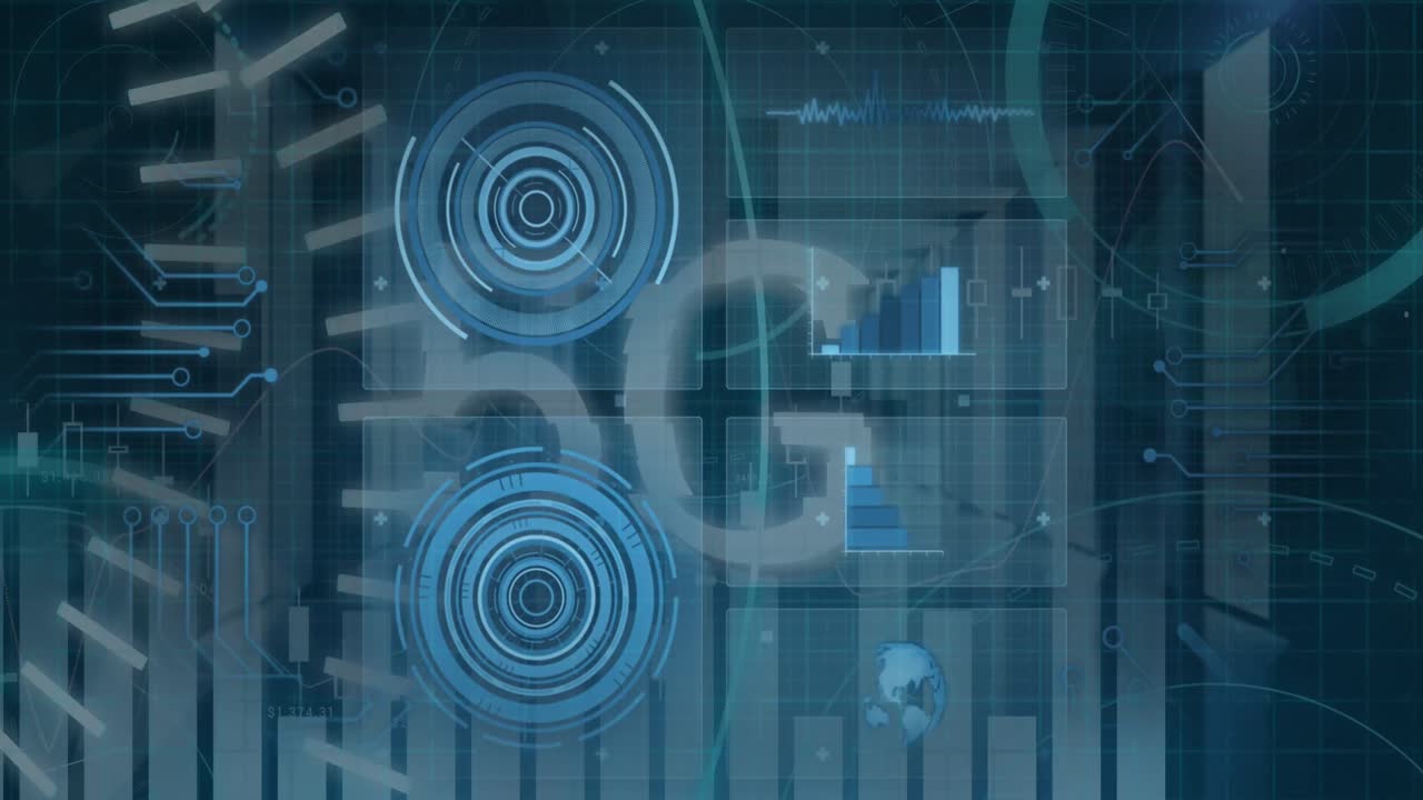 Animation of scope scanning with 5g text and data processing over server room