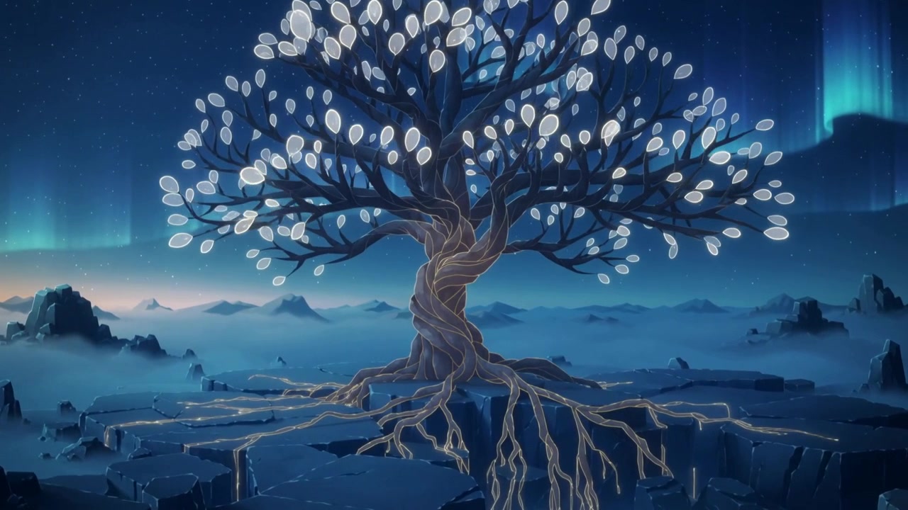 Responding to aurora, stylized tree awakening on cracked plateau, extending roots and glowing