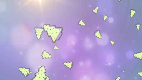 animation of multiple christmas tree icons and spots of light against purple background