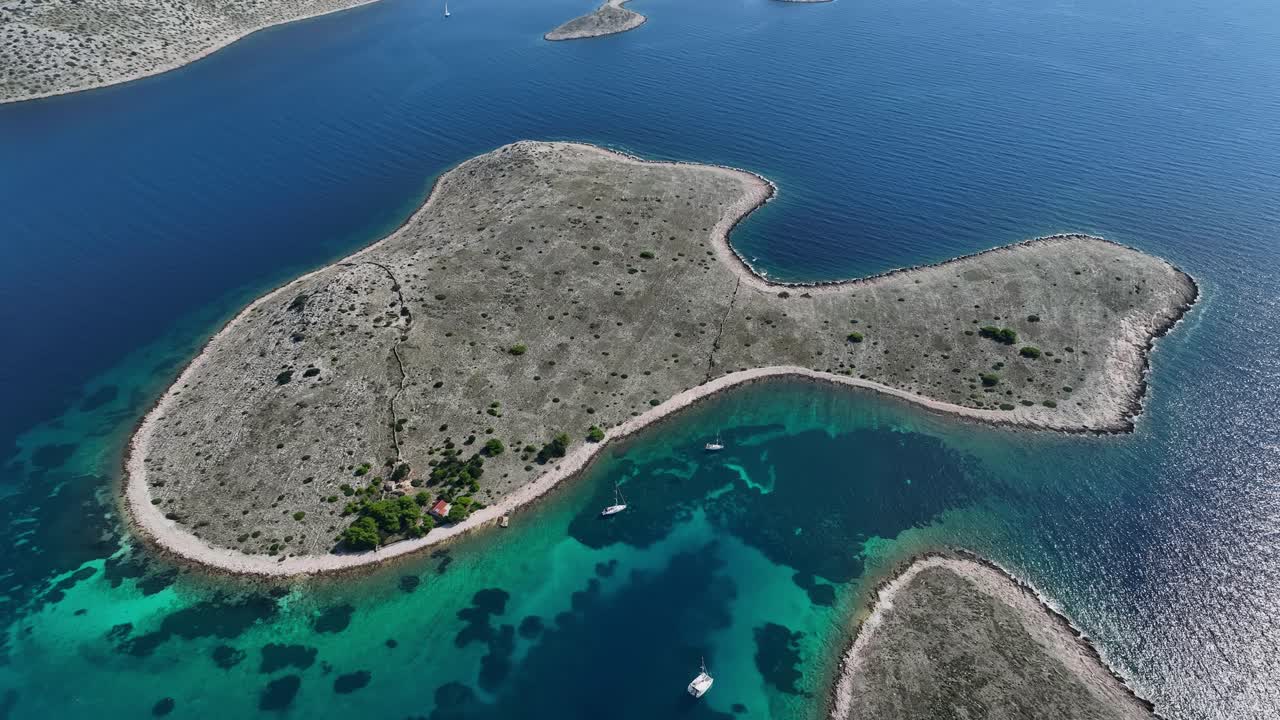Wide aerial pull-out of islands in the Kornati archipelago in Croatia