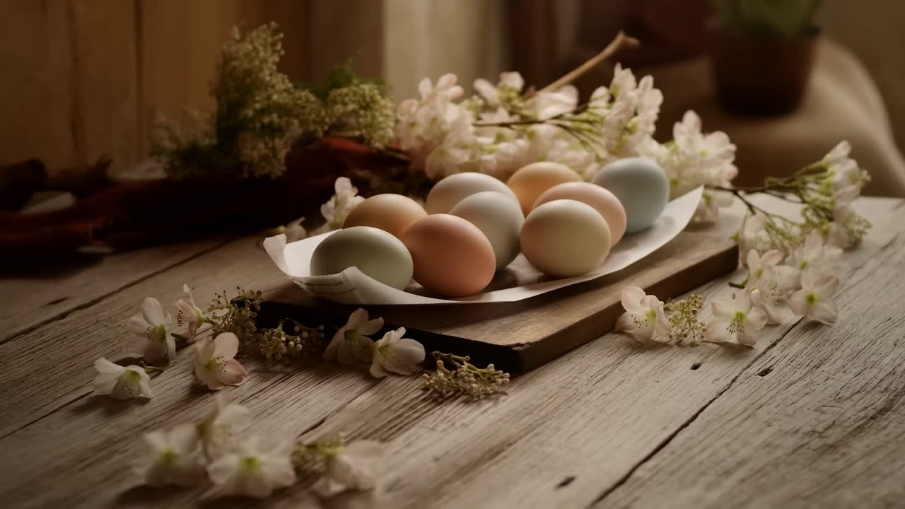 Pastel Easter Eggs and Spring Flowers on a Rustic Wooden Table