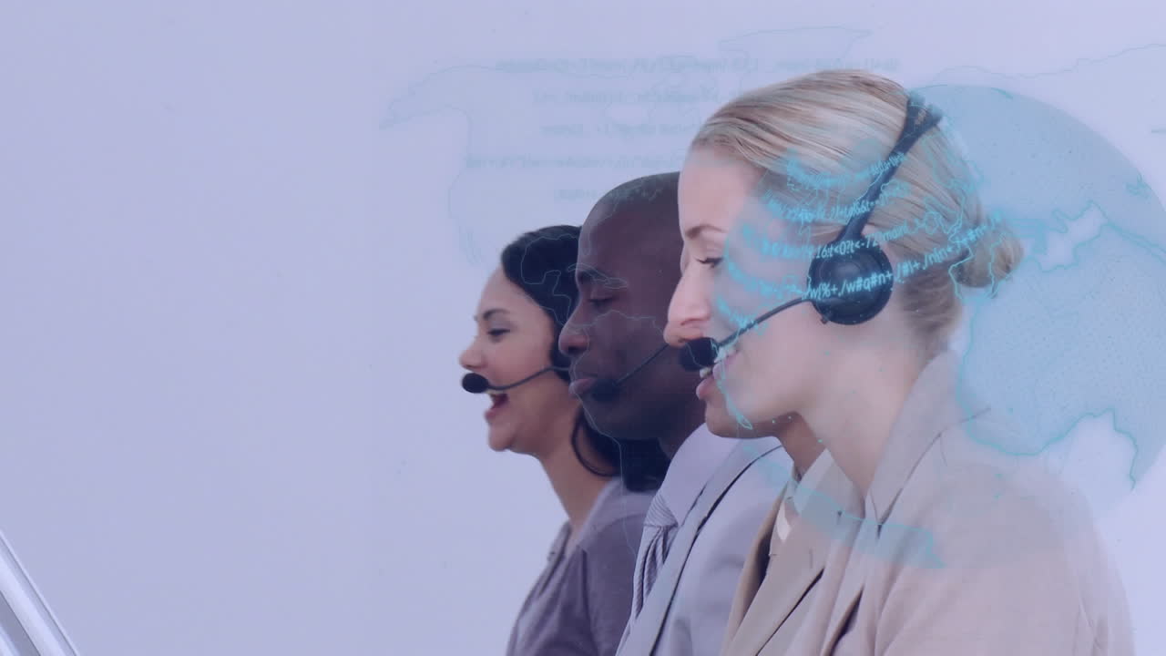 Animation of globe with network of connections over business people using phone headsets