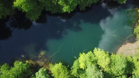 Wunderschöner-Waldsee-Mit-Frischem-Wasser-Im-Antiken-Hyrkanischen-Wald-Aus-Der-Eiszeit-Im-Norden-Des-Iran,-Aborz-Gebirge-Mit-Tiefgrünen-Alten-Bäumen,-Luftaufnahme,-Nach-Oben-Gerichtete-Ansicht-Für-Reisen,-Wandern,-Camping,-Abenteuer,-Natur