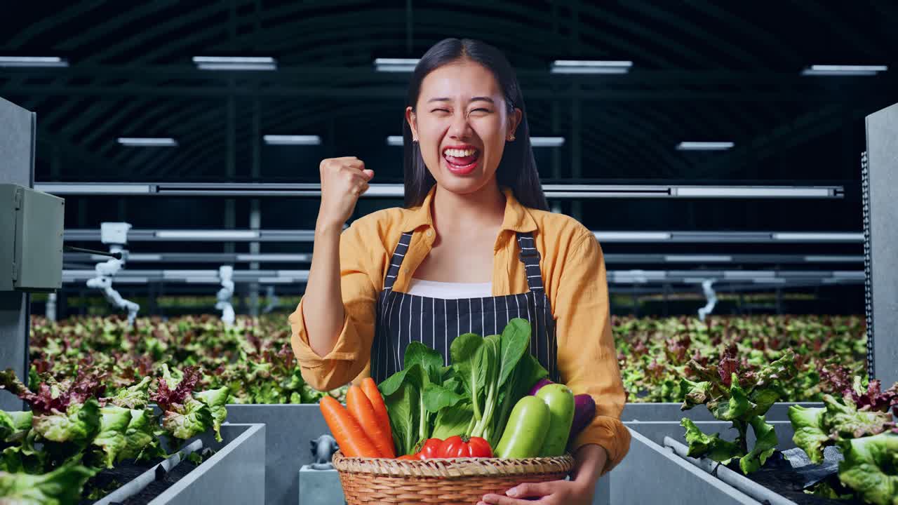 행복 한 아시아 여성 농부 는 지능적 인 농장 에 서 있는 동안 채소 바구니 를 축하 하고 있다