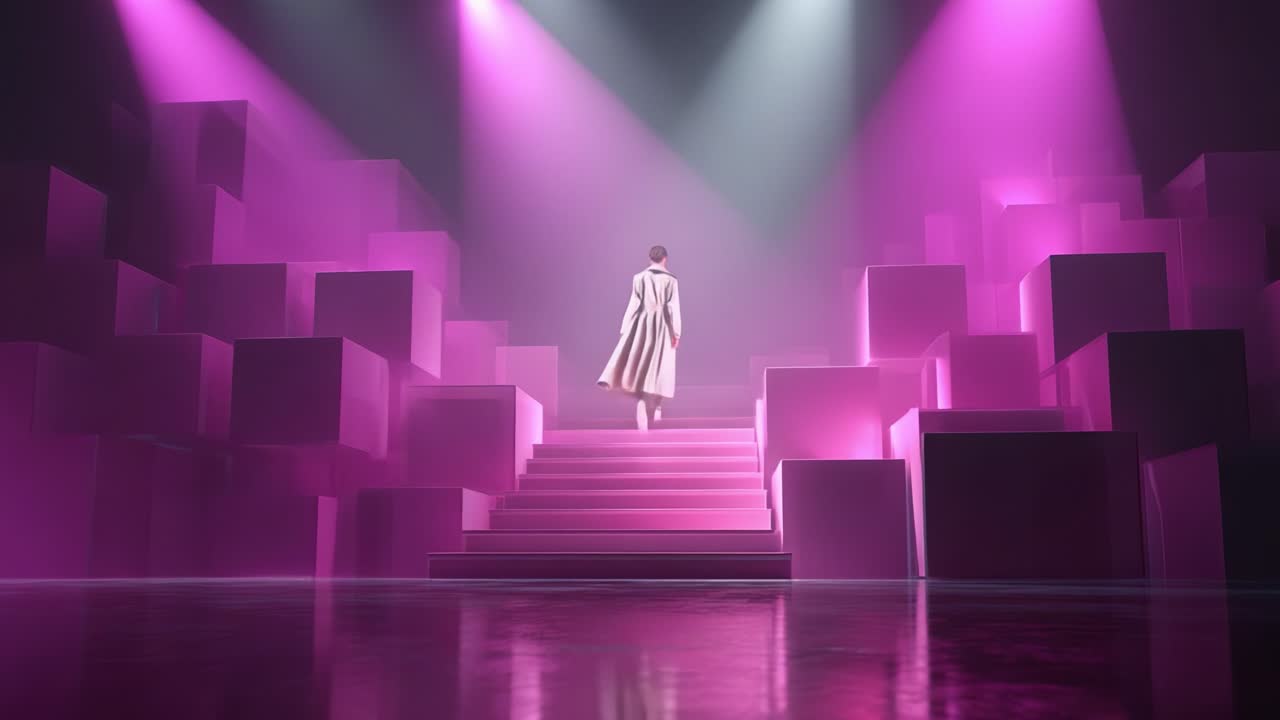 A person walking up stairs surrounded by pink cubes and spotlights