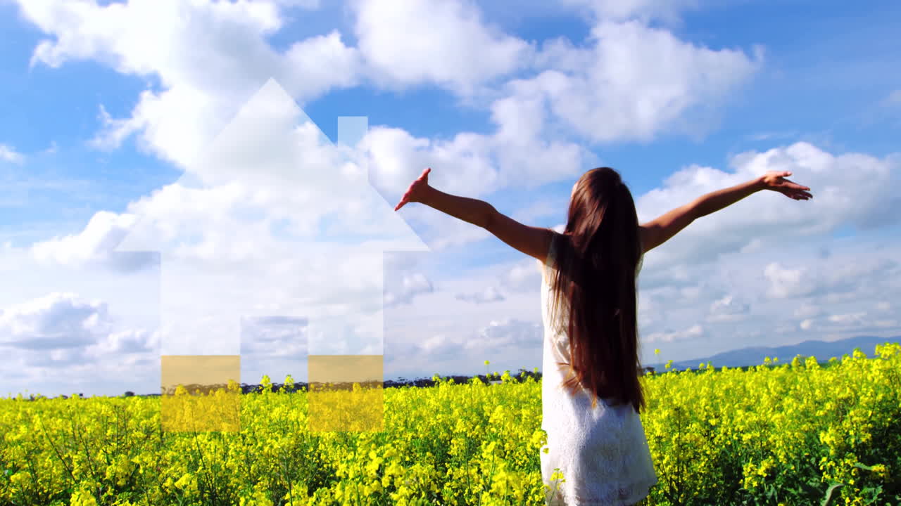 In flower field, woman in white dress walking, appreciating sunny day like animation