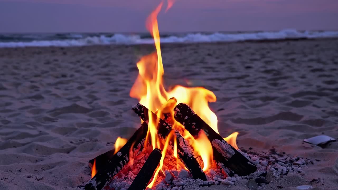 Bonfire burning on the beach at twilight, casting a warm glow over the sand and waves, creating a cozy and inviting atmosphere perfect for relaxation and romantic evenings by the ocean