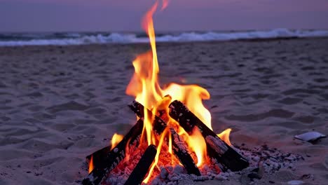 bonfire burning on the beach at twilight, casting a warm glow over the sand and waves, creating a cozy and inviting atmosphere perfect for relaxation and romantic evenings by the ocean
